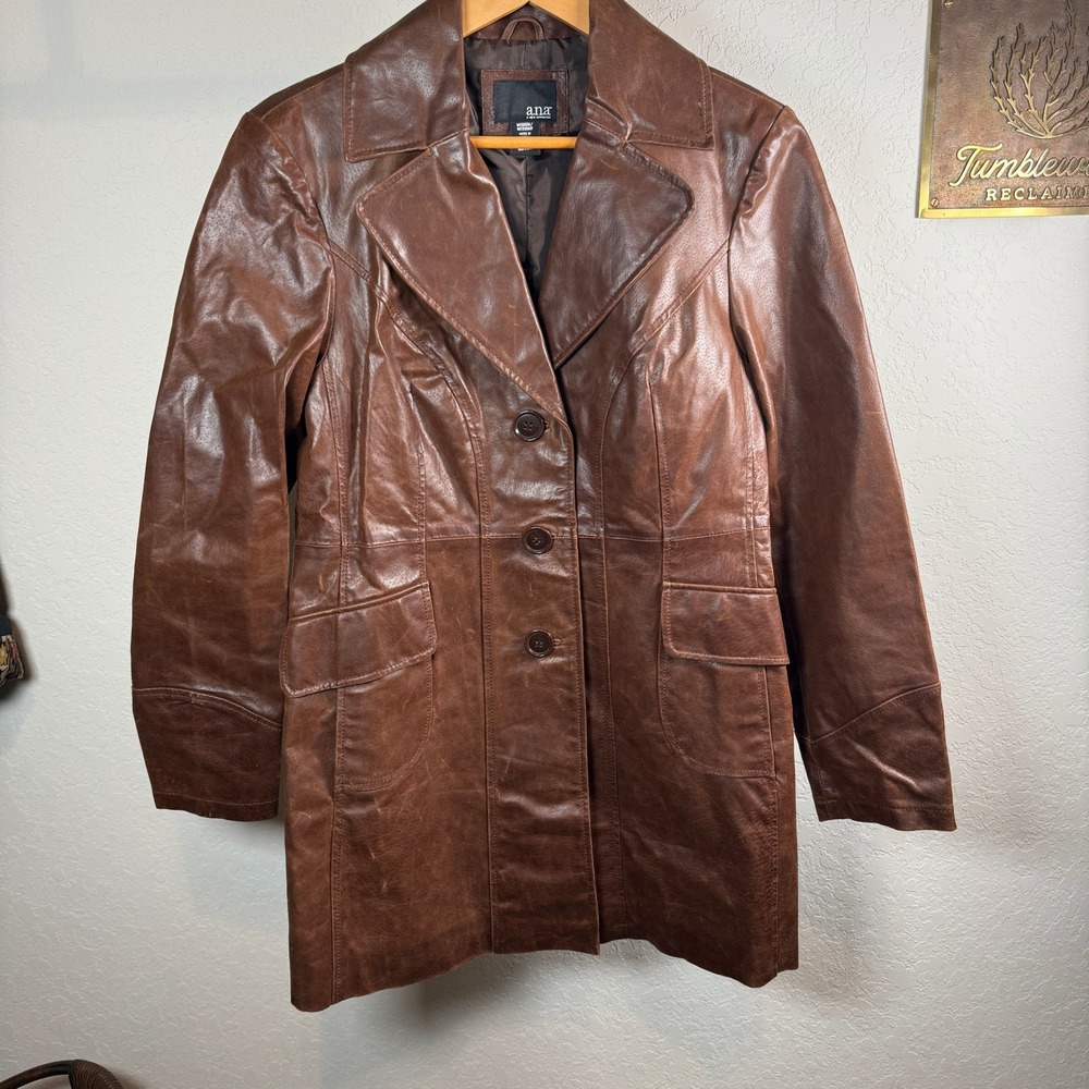 ana A New Approach‎ Brown Genuine Leather Car Coat Jacket Women Medium RN93677